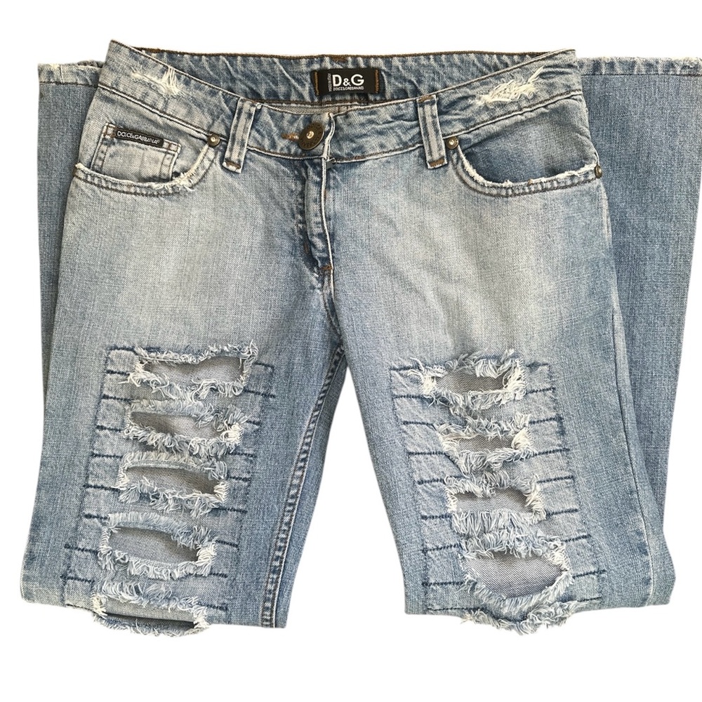 Archive Dolce Gabbana Poem Distressed Blue Denim Jeans 30 Rhinestone Y2K Flare